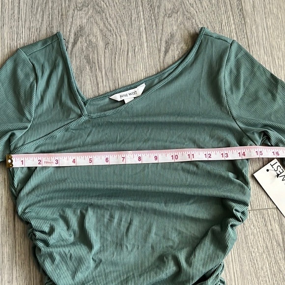 NWT Nine West Green Petite Elbow-Sleeve Ruched Asymmetrical Top S - Picture 8 of 10